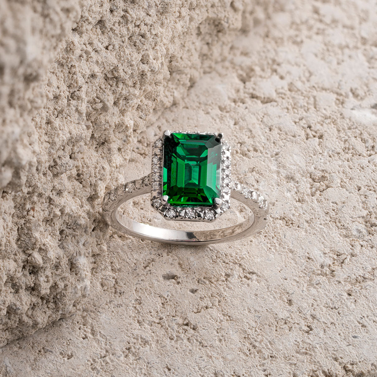 Astra 1.50ct Lab Emerald and Diamond Halo Shoulder Set Octagon Cut Ring in Silver